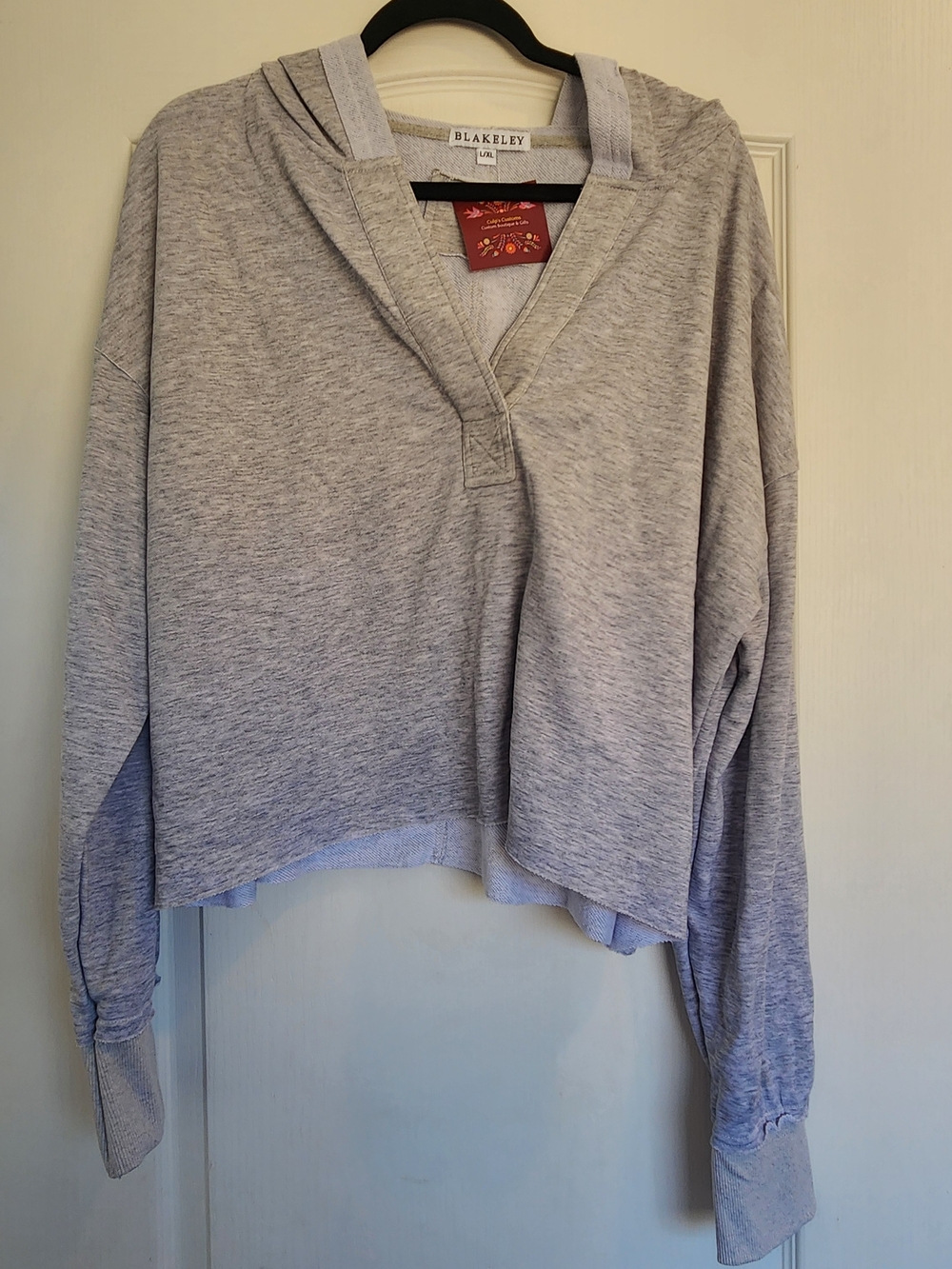 Blakeley Designs Women's Heather Gray V-Neck Hooded Pullover L/XL BNWT